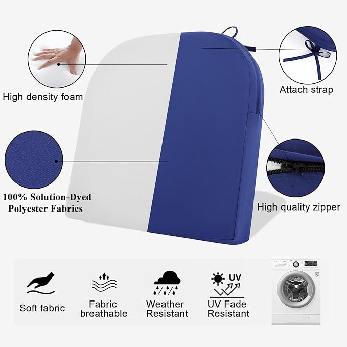 Topotdor Outdoor Chair Cushions for Patio Furniture,Waterproof Patio Chair Cushions Set of 2,Indoor/Outdoor Round Corner Chair Seat Cushion with Ties,20"x20"x3" Blue