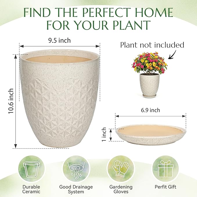 9.5 Inch Flower Pots for Indoor Plants,Ceramic Planter with Saucer Drainage Leak-Proof Mesh Gardening Gloves(Silk-White)
