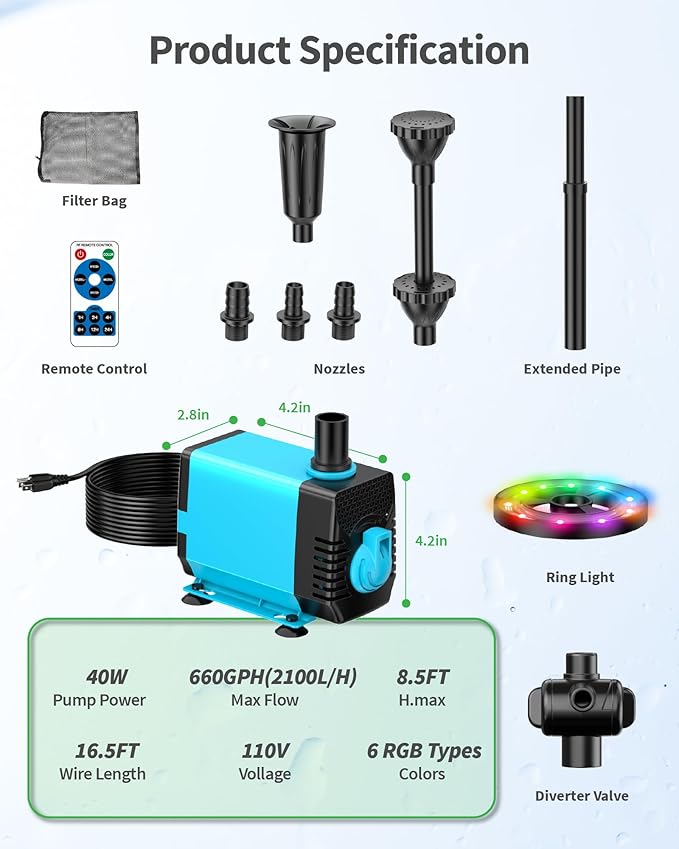 POPOSOAP Pond Fountain with LED Lights, 660GPH Submersible Pump RGB Pond Filter System with Adjustable Height & Water Flow for Garden Pond Fish Tank Day & Night Pond Decoration -P1104D