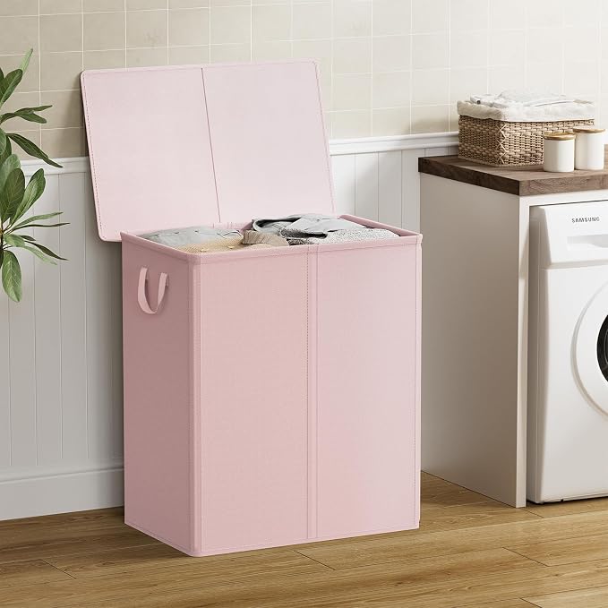 Chrislley Double Laundry Hamper with Lid, 140L Laundry Basket 2 Section | Large Dirty Clothes Hamper 2 Compartments with Removable Liner Bags & Handles, Collapsible Storage for Bedroom, Doom, Pink
