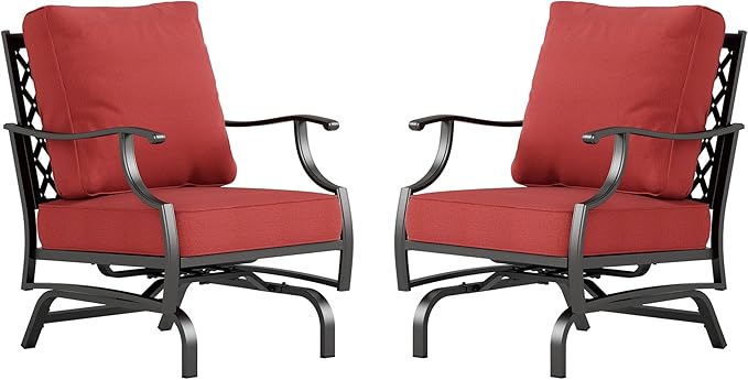 SUNSHINE VALLEY Metal Outdoor Rocker Patio Chairs Set of 2 with 5.75" Extra Thick Cushion, 2 Piece High Back Rocker Patio Chairs All Weather Outdoor Furniture Seating for Deck Balcony Porch, Rust Red