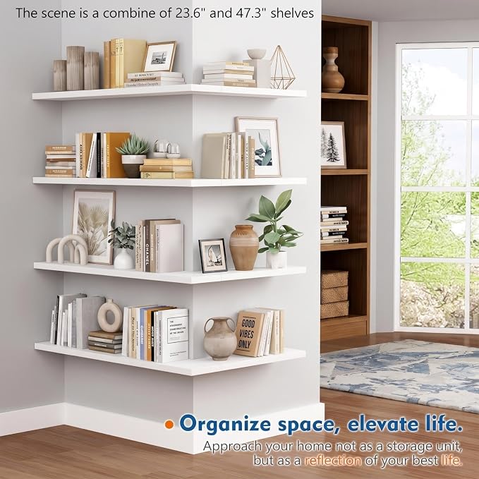 Harwaya 24 Inch White Floating Shelves Bathroom, Bedroom Wall Shelf 2-Pack | 8" Deep Wall Mounted Shelves for Kitchen Office Living Room Closet Plants Books Dresser