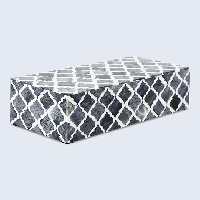 Handicrafts Home Decorative Storage Box with Lid, Moroccan Coffee Table Storage Box Organizer, Wooden Keepsake Jewelry Box, Decorative Desk Console Storage Box, Gray, 10 x 4.5 x 2.5