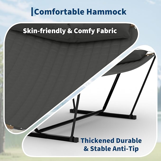 Garvee 2 Person Outdoor Hammock with Stand, Heavy Duty Portable Double Hammock with Balance Rope, MAX 450 LBS Capacity for Patio, Backyard, Garden, Beach