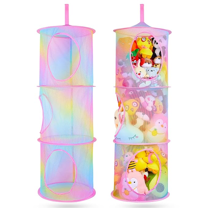 Basumee Hanging Stuffed Animals Storage, 2 Pack Mesh Plush Storage, 3-Tier