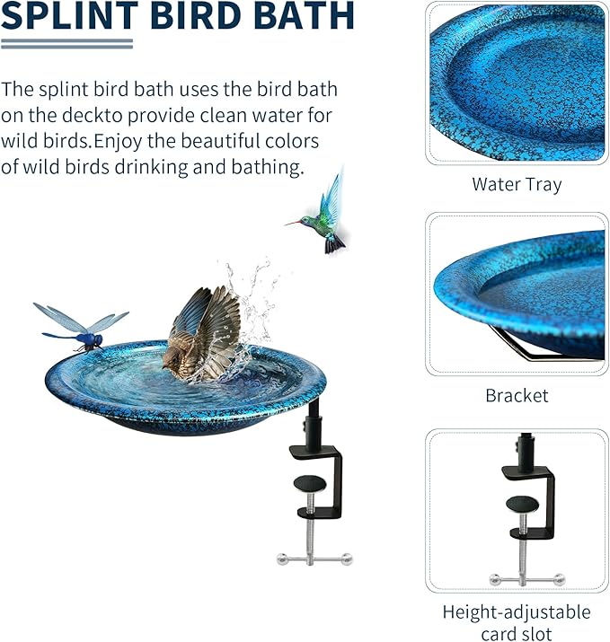 TIANCENTRAL H Deck Mounted Bird Bath for Outside, Detachable Birdbath Bowl with Sturdy Clamp,Easy Setup Outdoor Bird Feeder for Garden Patio Lawn Yard Decoration-11.5 Inch Blueblack