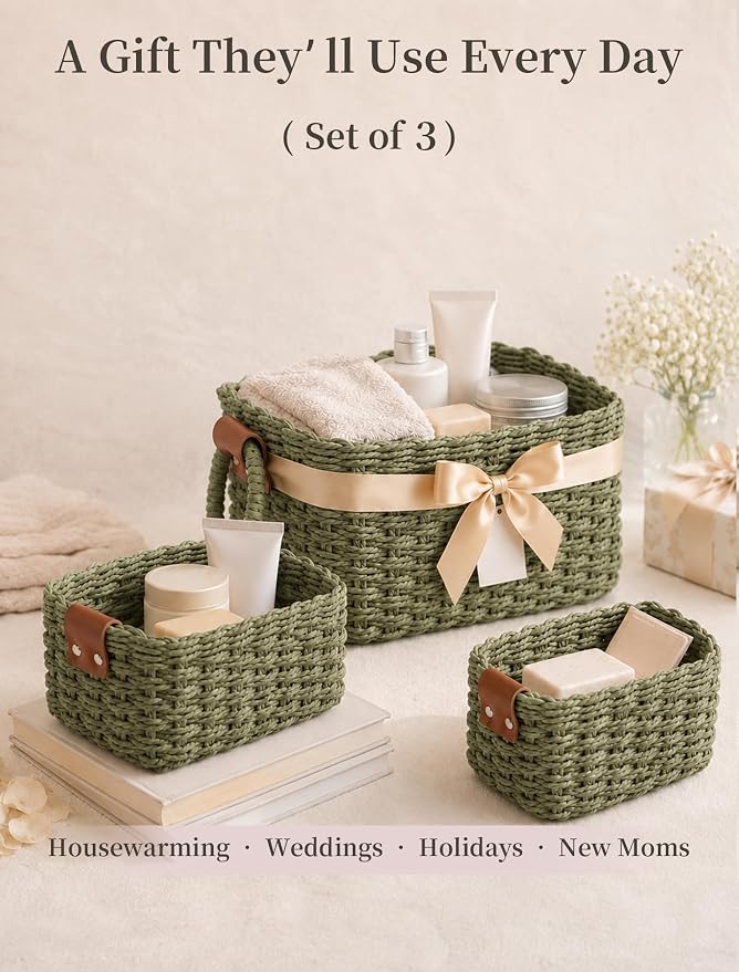 Small Wicker Baskets, 3 PCS Paper Rope Baskets for Shelves, Green | Recycled Small Baskets, 3 Sizes Woven Baskets for Organizing, Decorative Storage Baskets for Bedroom and Bathroom
