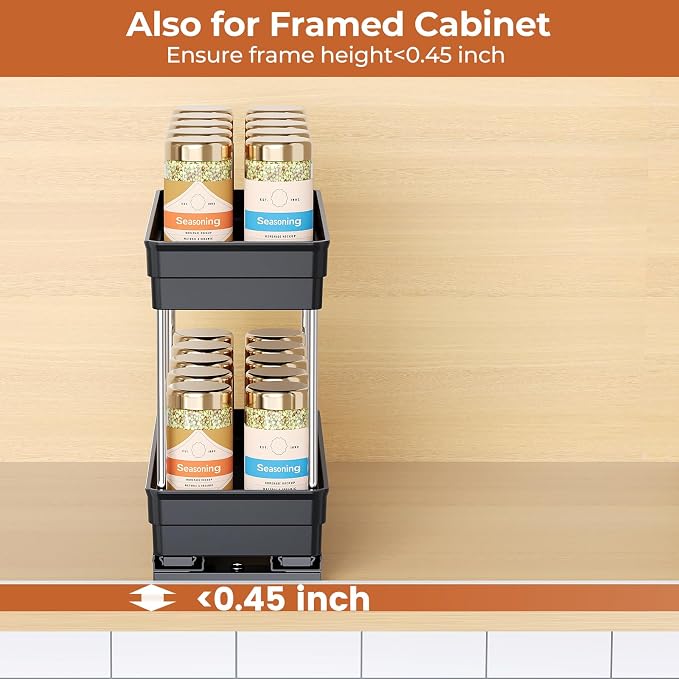 Pull Out Spice Rack Organizer for Cabinet, 2 Pack 2 Tier Sliding Spice Rack | Dual Rail, Slide Out Seasoning Organizer for Kitchen Cabinets, No Drill Installation, Space Saving Cabinet Storage Organizer