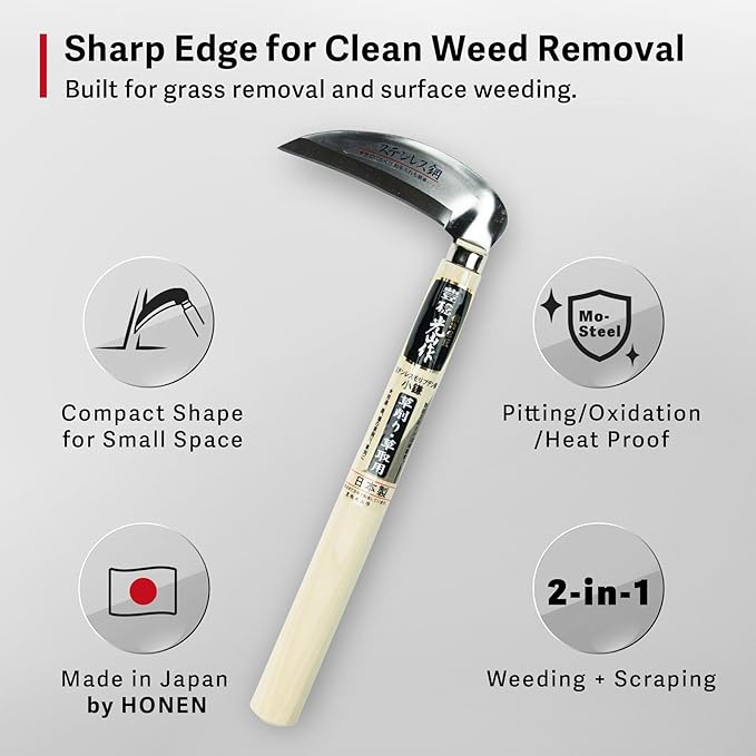 Japanese Stainless Weeding Sickle, HONEN Molybdenum Steel Garden Tool for Weed Removal, Scraping and Rust Resistant Outdoor Use