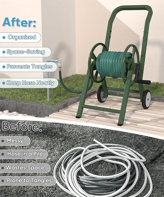 Artigarden Garden Hose Reel Cart with Wheels, Holds 165 ft of 5/8’’ Hose Outdoor Heavy Duty Powder-coated Steel Water Storage Winder Holder with 3.9 Ft Leader Hose for Outside Lawn Yard, Green