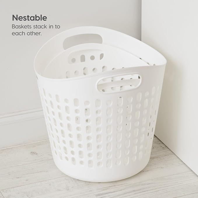IRIS USA Plastic Laundry Hamper, 27L- 3 PK, Flexible, Ventilation, White | Laundry Baskets for Bedroom Bathroom Apartment Dorm, Blankets Pillows Trinkets Storage