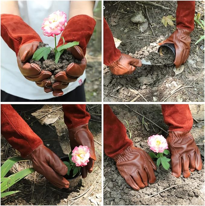 Thorn Proof Gardening Gloves for Men & Women, Long Cowhide Leather Rose Pruning Gloves with Forearm Protection, Puncture Resistant Gauntlets for Cacti, Blackberries & Yard Work(chocolate brown,Medium)