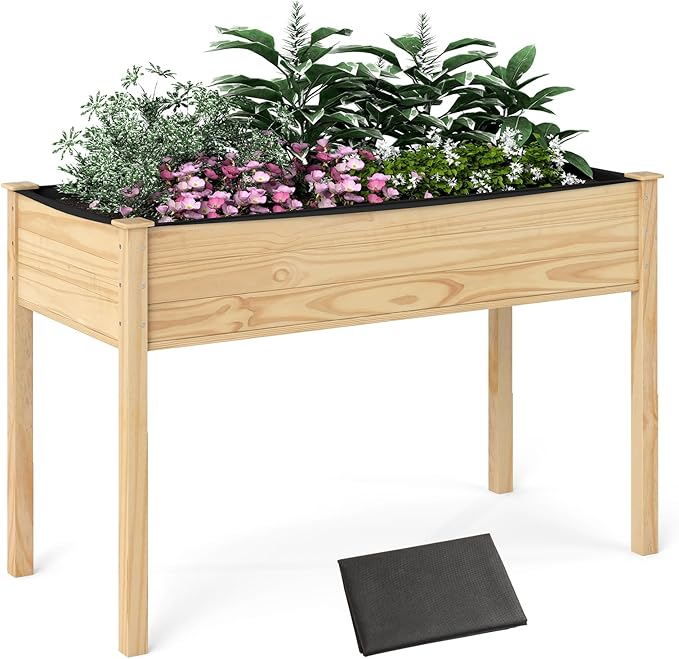 S AFSTAR Wooden Raised Garden Bed with Legs, Planter Box with Liner & Drainage Holes for Vegetable Flower Herb, Indoor Outdoor Elevated Gardening Box for Backyard Patio Balcony