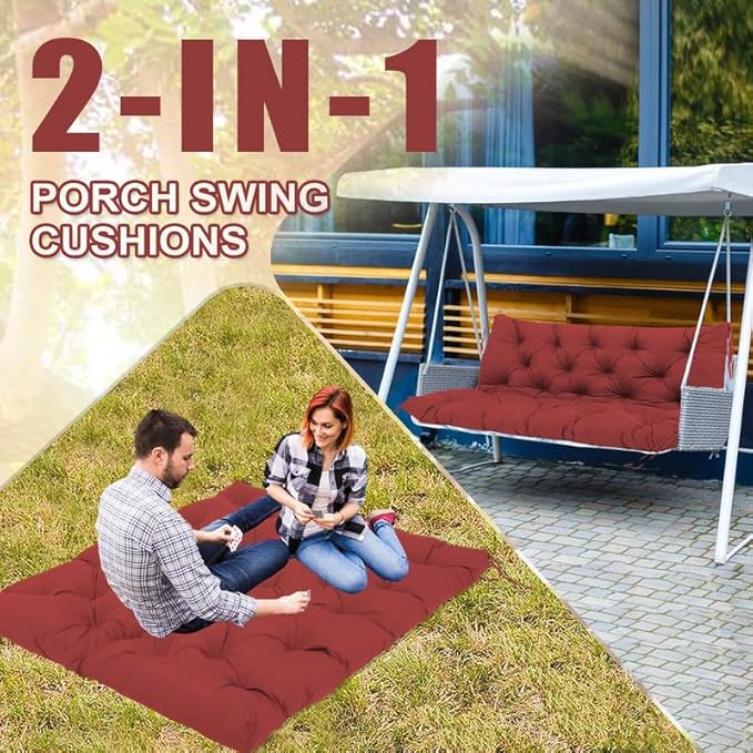 Premium 5" Thick Waterproof Outdoor Swing Cushions Sturdy Durable 2-3 Seat Replacement Porch Swing Cushions with Backrest&Ties Bench Cushion for Outdoor Furniture Backyard Patio(Wine Red)