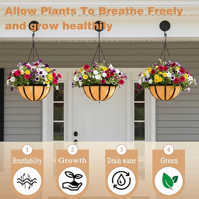 4 Pack 12" Round Metal Hanging Basket for Outdoor Plants Durable Large Hanging Planter with Coco Coir Round Plant Holders Planter for Outside Garden Decoration (Flat Iron)