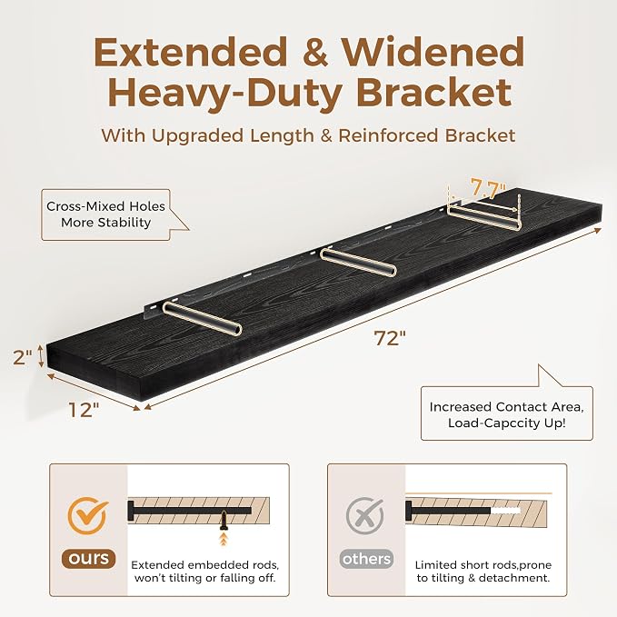 Fun Memories 72 Inch Floating Shelf, 12 Inch Deep Wall Shelf for Fireplace Mantel, Deep Storage Shelves for Home & Office, Wall Shelves with Invisible Bracket, Black, Set of 1