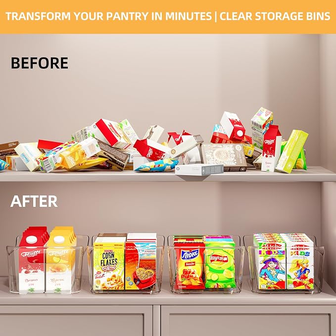 12 Pack Clear Plastic Storage Bins, Pantry Organizers and Storage, Multi-Use Clear Pantry Organizer Bins Storage Containers with Handles for Kitchen, Bathroom, Freezer, Cabinet, Office