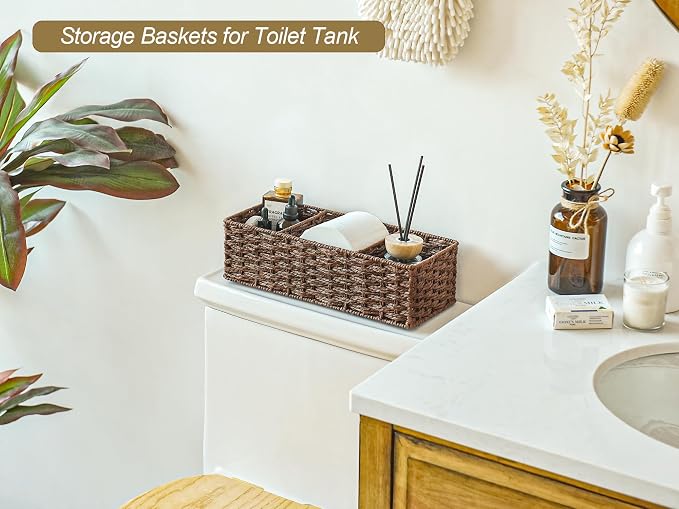 StorageWorks Toilet Paper Basket, Paper Rope Back of Toilet Basket, Walnut | Wicker Baskets with 3 Dividers, Toilet Paper Storage for Back of Toilet Tank, Woven Baskets for Shelves, Pantry, 2 Pack