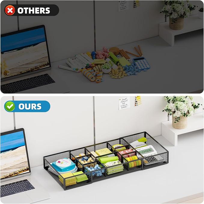 Marbrasse Expandable Desk Drawer Organizer, Mesh Drawer Organizer Tray with 10 Adjustable Compartments, Desk Organizers and Accessories for Office Supplies (Longer Expandable Drawer Organizer-B)