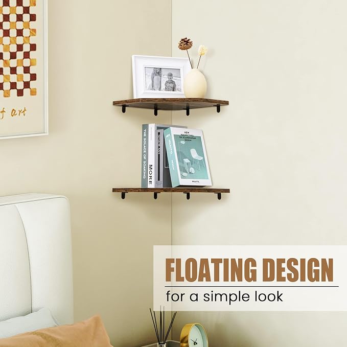 Fun Memories Corner Shelf Wall Mount, Floating Corner Shelves, Set of 2 Corner Wall Shelf Organizer, Rustic Wood Wall Storage Display Shelves for Living Room Bedroom Bathroom Kitchen, Rustic Brown