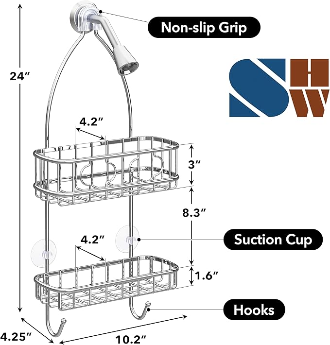 Simple Houseware Hanging Shower Head Caddy Organizer, 24 x 10, Chrome | (24 x 10.2 x 4.25 inches)