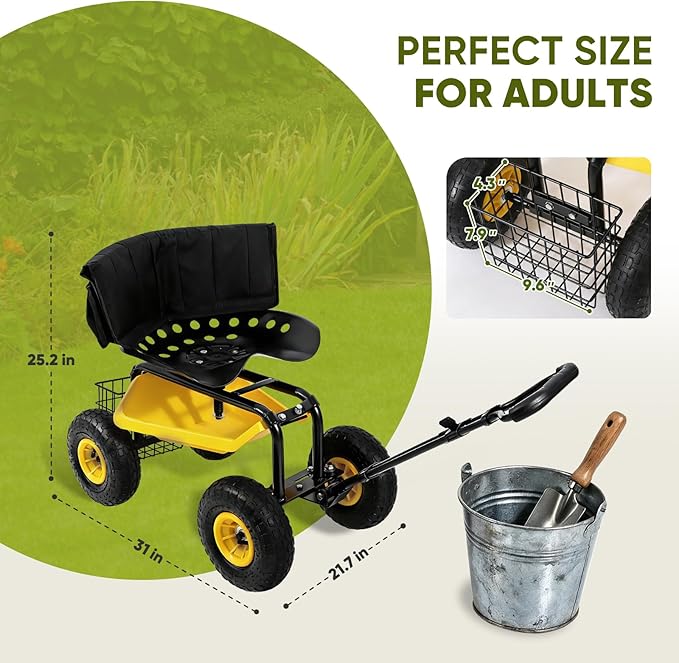 Sekey Garden Cart Rolling Workseat with Backsupport & 360° Swivel Seat, Heavy Duty Garden Scooter with Adjustable Height, Tool Tray, All-Terrain Wheels, 440 lbs Capacity for Seniors & Gardeners