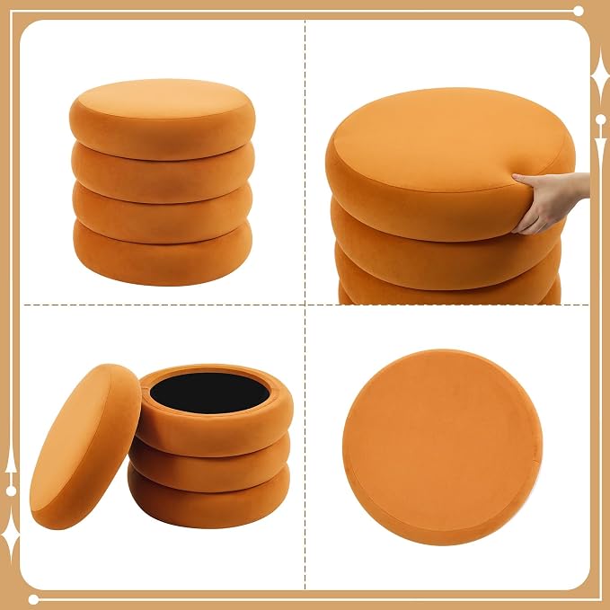 Flouki 19.5" Storage Ottoman Round, Vanity Stools for Bedroom, Entryway Ottoman for Console Table, Ottoman Stool for Girls Women, Foot Stool for Living Room, Set of 2, Velvet Orange