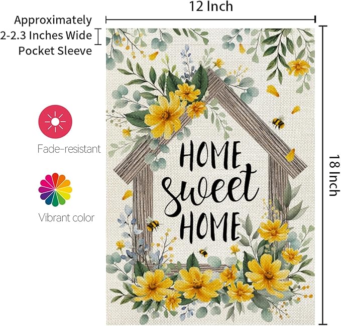CROWNED BEAUTY Spring Home Sweet Home Garden Flag Eucalyptus Yellow Wildflowers Welcome 12x18 Inch Double Sided Small Floral Seasonal Holiday Decoration for Outdoor Lawn Yard