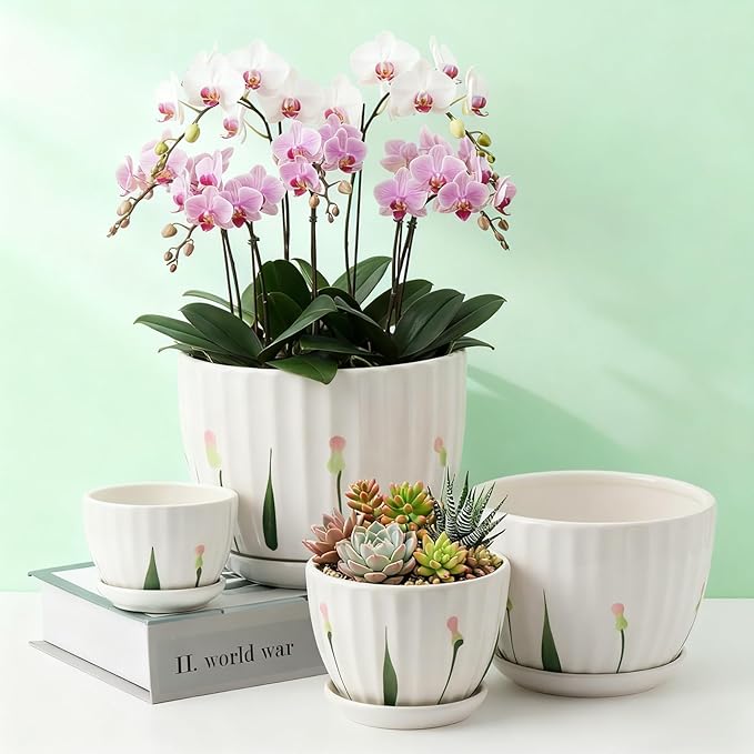 4 Pack Ceramic Orchid Pots with Drainage Holes and Tray 3.35+4.33+5.51+6.61 Inch Ceramic Plant Pot White Garden Planter for Indoor Outdoor Home Decor Gifts for Plant Lovers
