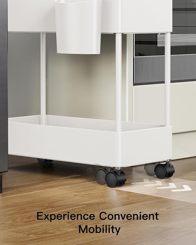 Pipishell 3 Tier Slim Storage Cart with Wheels, Bathroom Cart, White