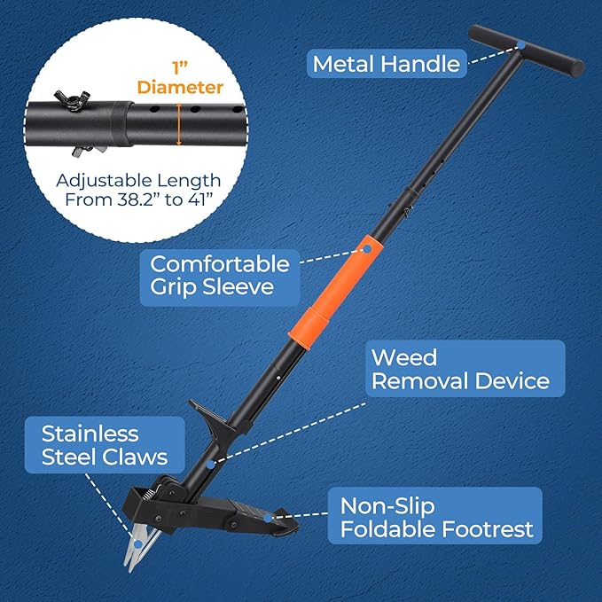Stand Up Weed Puller with Quick-Release Ejector& Foot Pedal-Easily Remove Weeds Root Without Bending, Pulling or Kneeling! 41" Adjustable T-Handle, 4-Claw Steel Head Tool for Effortless Garden Weeding