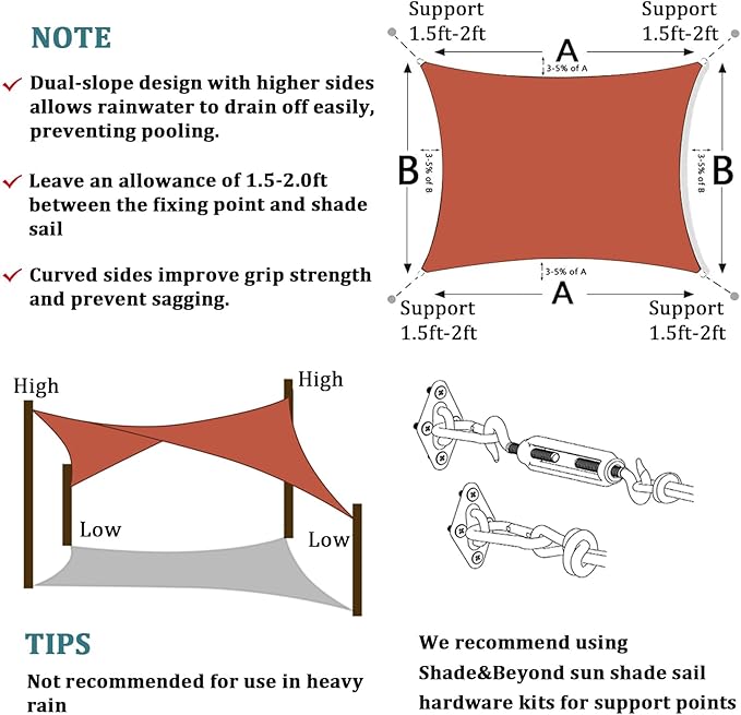 Shade&Beyond 16'x20' Sun Shade Sails Curved Canopy Rectangular Rust Red 185GSM Shade Sail Permeable for Patio Deck Yard Backyard, (We Make Custom Size)
