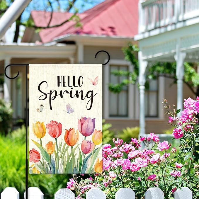 Hello Spring Flags for Outside,Tulip Garden Flag for Yard Patio Lawn Decoration,12x18 Inch Double Sided