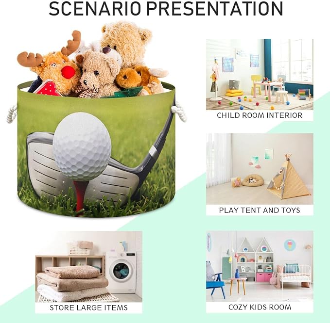 Golf Print Round Storage Basket Collapsible with Handle