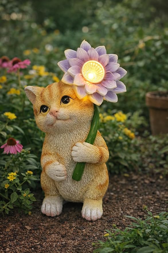 GoGnome Solar Cat Garden Statue with LED Flower for Mom Woman β 6.5ββ Hand-Painted Resin Outdoor Kitten Figurine, Automatic Night Light, Yard Patio Lawn Decor (Kitten)