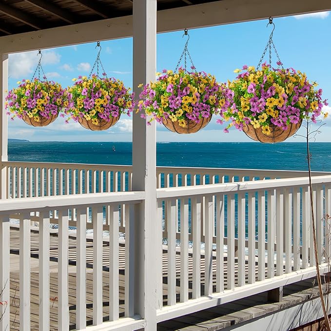 ZFProcess Artificial Faux Hanging Plants Flowers Basket for Spring Outdoor Decoration, Fake Silk Daisy in Planter Realistic UV Resistant Look Real for Porch Home Patio Balcony Yard(Purple Yellow)