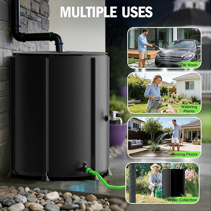 YAFF Collapsible Rain Barrel 53 Gallon Rainwater Collect System Water Storage Tank to Collect Rainwater from Gutter Downspout Water Catcher with Filter Spigot Overflow Kit for Garden, Lawn, Black