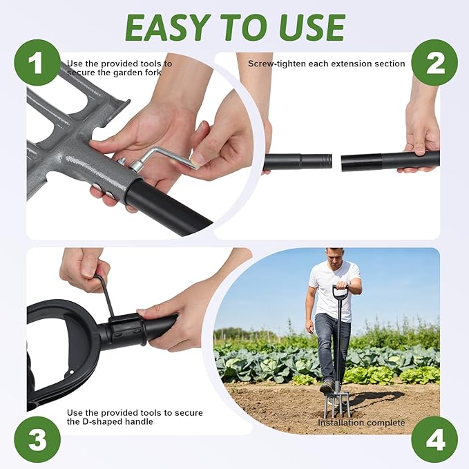 Gardening Pitchfork, 4-Tine Garden Fork 47” Heavy Duty Digging Manure Forks for Mulch Spreading Loosening Hay Potato Digging Composting Transplanting Aeration Farm Garden