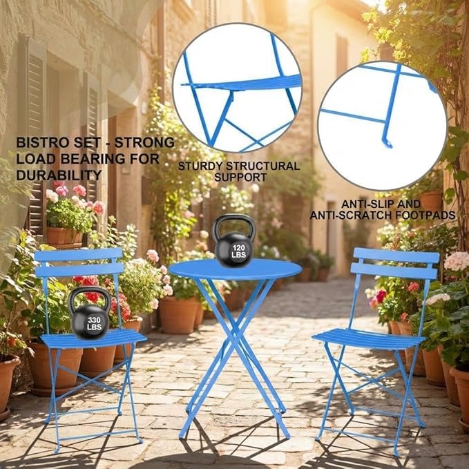 Garvee 3-Piece Folding Bistro Set Outdoor Patio Furniture, Space-Saving Foldable Chairs & Table with Heavy-Duty Powder-Coated Steel Frame, No Assembly Required, for Garden, Balcony, Backyard, Blue