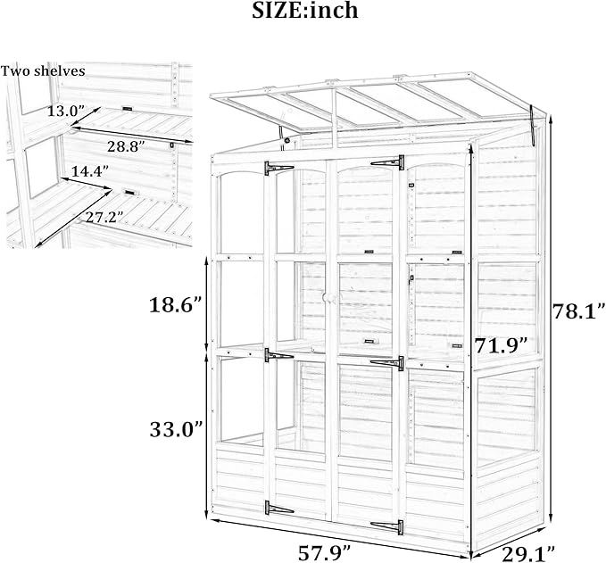 Walk-in Greenhouse for Outdoor 78 Inch Wooden Green House Cold Frame with 2 Doors 4 Openable Independent Skylights 2 Folding Middle Shelves Heavy Duty Plant Gardening Green House for Backyard, Black