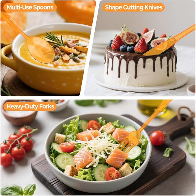 150 PCS Plastic Silverware Disposable Silverware Heavy Duty Utensil Sets 50 Of Each Forks Knives & Spoons Disposable Cutlery Set For Easter,Birthday,Baby Shower,Garden Party,Wedding(150,Orange)