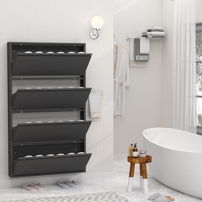 GREATMEET Slim Wall Mounted Metal Storage Cabinet with 4 Flip Drawers