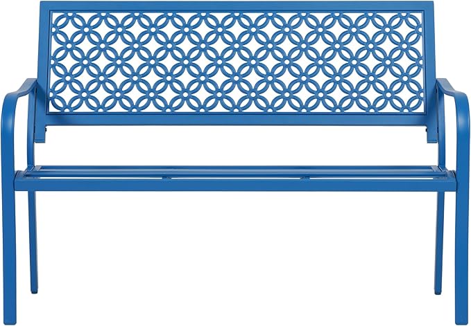 ONBRILL 50" Outdoor Bench Weatherproof, 700 lbs Capacity Heavy Duty Garden Benches with Galvanized Metal Frame, Patio Bench with Floral Backrest, Patio Furniture for Porch, Park, Yard, Entryway, Blue