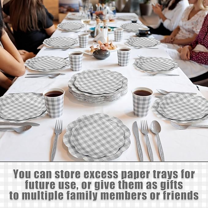 Funnymoom 400 Pcs Gingham Party Supplies for 50 Guests Gray and White Paper Plates and Napkins Knives Spoons Forks Cups Disposable Checkered Dinner Party Set Cutlery for Baby Shower Wedding Favor