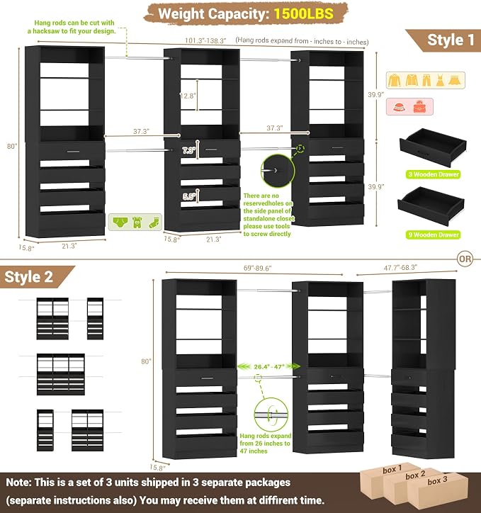 Aheaplus Closet System with 12 Drawers, 8.5-11.5Ft Wood Closet Organizer