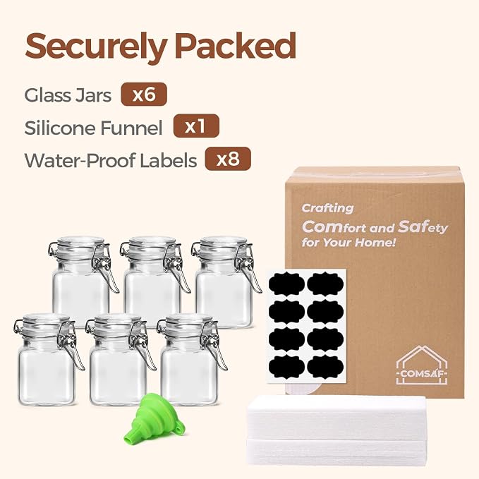 ComSaf Square Glass Spice Jars 4 oz 6 Pack with Labels and Funnel Set