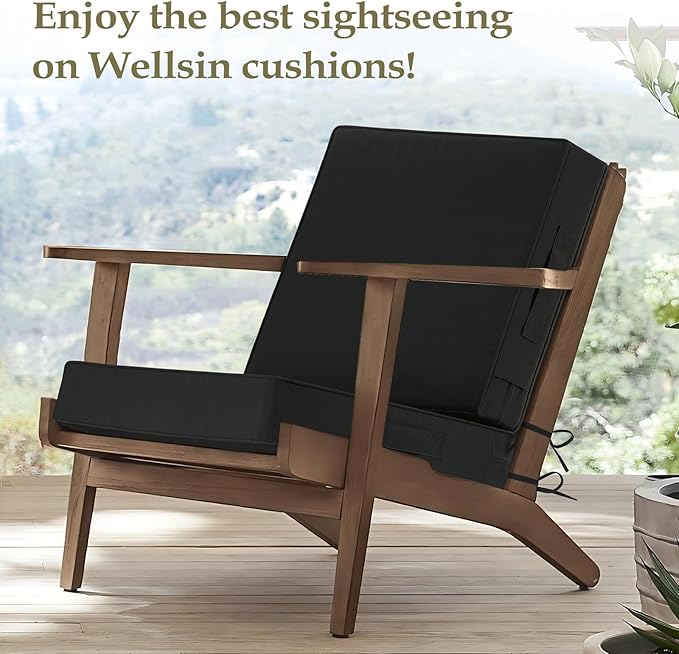Wellsin Outdoor Deep Seat Patio Cushions, 22 x 22 Waterproof & 3-Year Fade Resistant Outdoor Cushions with Removable Covers,Ties and Handle for Chair, Sofa, Couch, Black