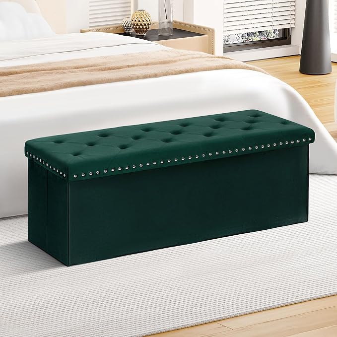 B FSOBEIIALEO Storage Ottoman Bench, 43" Velvet Ottoman with Storage, Green | 140L Large Storage Space, Tufted Foldable Long Storage Bench for Bedroom , Living Room, Entryway, End of bed