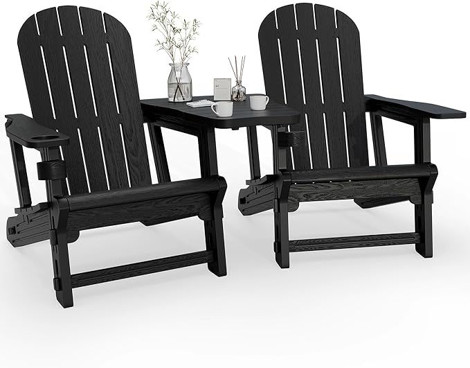 Vongrasig Adirondack Chairs Set of 2 with Removable Tabletop, Outdoor HDPE Plastic Fire Pit Chair Set with Wooden Textured, Cup Holder for Patio, Poolside, Deck, Garden, Black, 3 Pieces