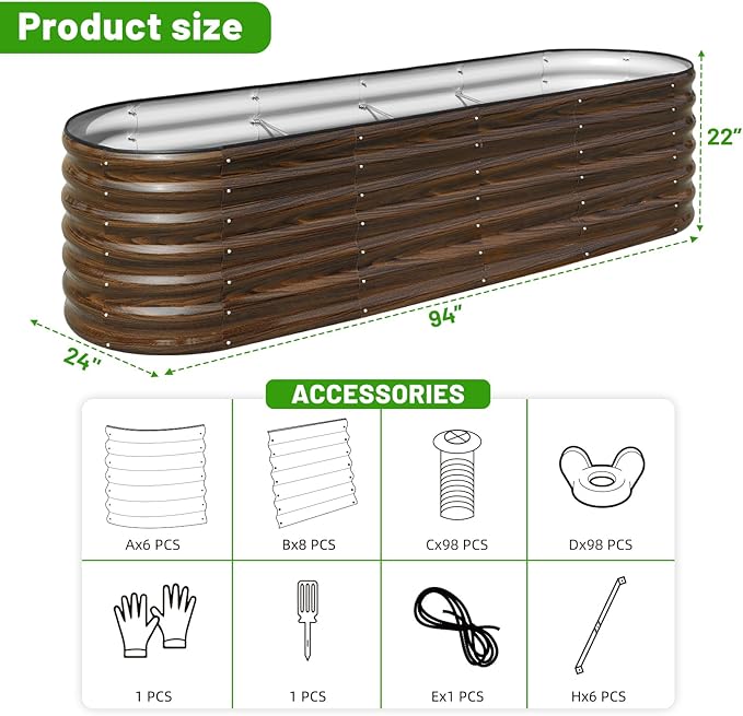 SnugNiture 96" Lx24 Wx22 H Raised Garden Bed Kit, 22" Tall Outdoor Metal Raised Planter Box for Planting Plants Vegetables Flowers Fruits, Brown